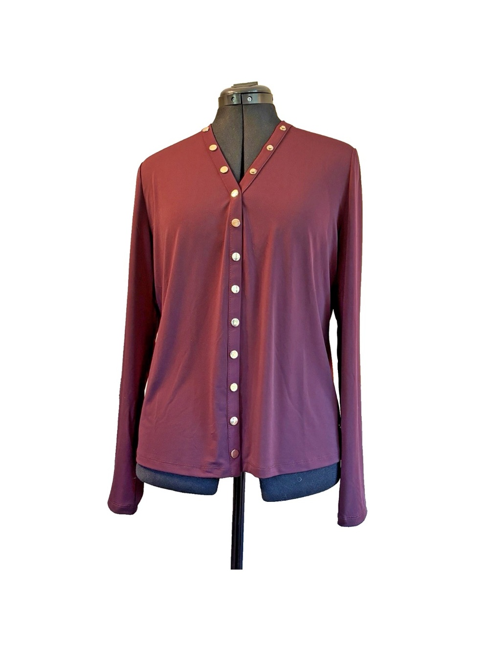 Elie Tahari Burgundy Solid V-Neck Snap Front Long Sleeve Blouse XL Poly/Span